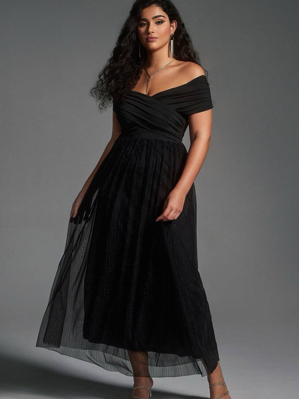 NWT Curveins Plus Size Patchwork Mesh Off Shoulder Maxi Dress Black XL